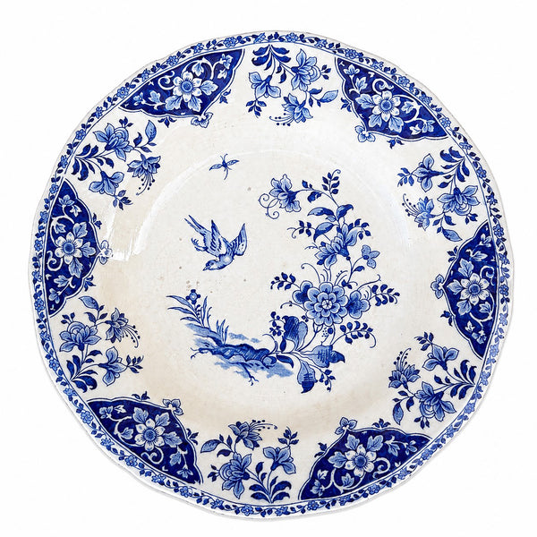Lot de 6 assiettes creuses anciennes Gien modèle Delft en faïence bleue et blanche à décor floral et oiseau