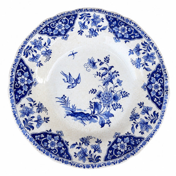Lot de 6 assiettes creuses anciennes Gien modèle Delft en faïence bleue et blanche à décor floral et oiseau