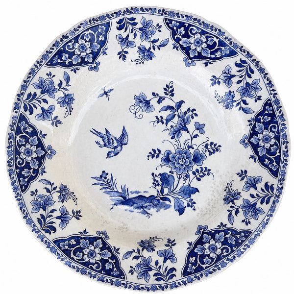 Lot de 6 assiettes creuses anciennes Gien modèle Delft en faïence bleue et blanche à décor floral et oiseau