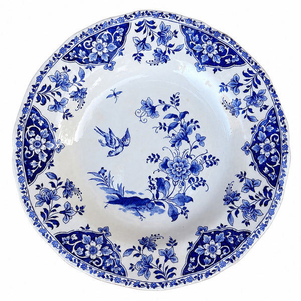 Lot de 6 assiettes creuses anciennes Gien modèle Delft en faïence bleue et blanche à décor floral et oiseau