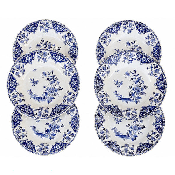 Lot de 6 assiettes creuses anciennes Gien modèle Delft en faïence bleue et blanche à décor floral et oiseau