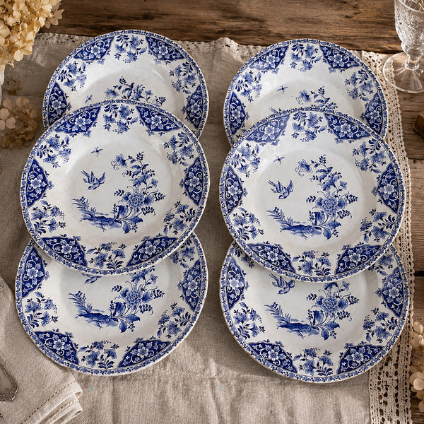 Lot de 6 assiettes creuses anciennes Gien modèle Delft en faïence bleue et blanche à décor floral et oiseau