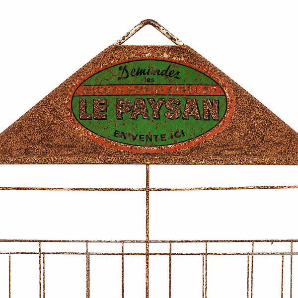 Ancien présentoir mural de graineterie Le Paysan en fil métallique et tôle publicitaire