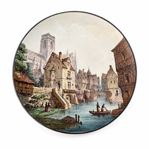 Assiette décorative ancienne Alphonse Chaignon – Vue imaginaire d’une ville médiévale – Datée 1871