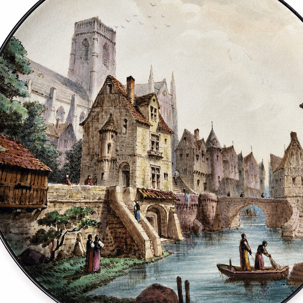 Assiette décorative ancienne Alphonse Chaignon – Vue imaginaire d’une ville médiévale – Datée 1871