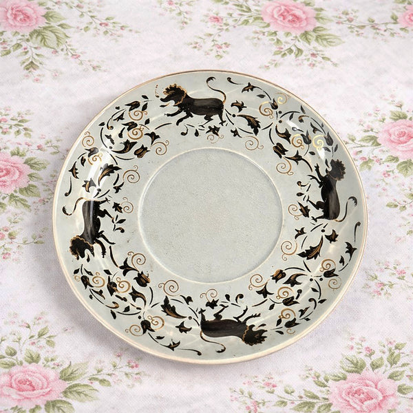 Grosse tasse à déjeuner et soucoupe anciennes Sarreguemines décor lion floral vert céladon