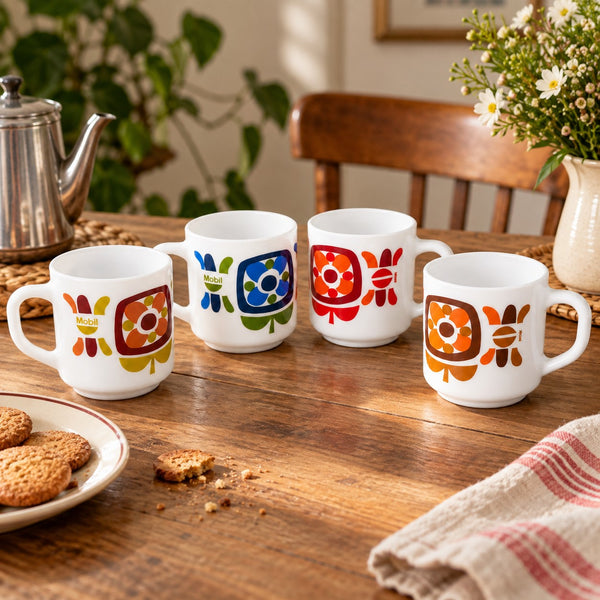 Lot de 4 mugs vintage Arcopal publicitaires Mobil - années 1970