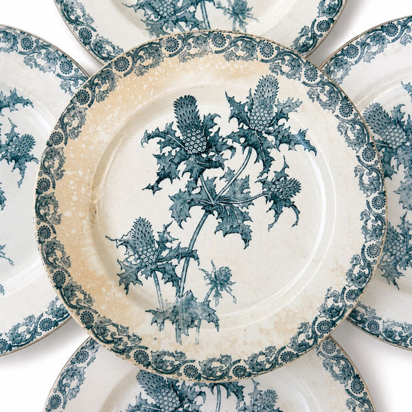 Lot de 5 assiettes anciennes Righi – L.G. Clairefontaine – Terre de Fer – Ø 21,7 cm – Décor chardon bleu