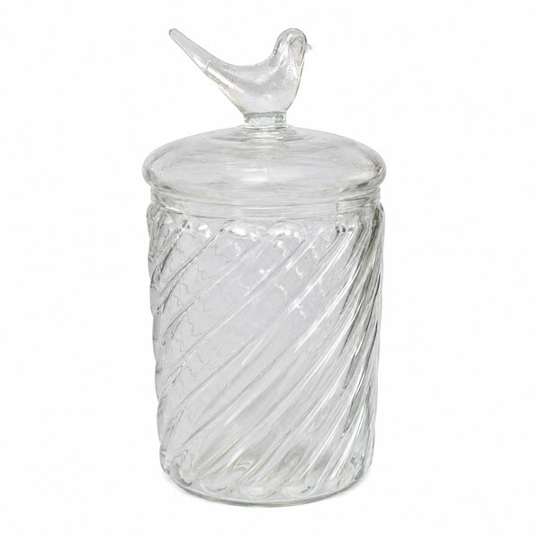 Ancienne bonbonnière en cristal à décor torsadé avec prise en forme d'oiseau