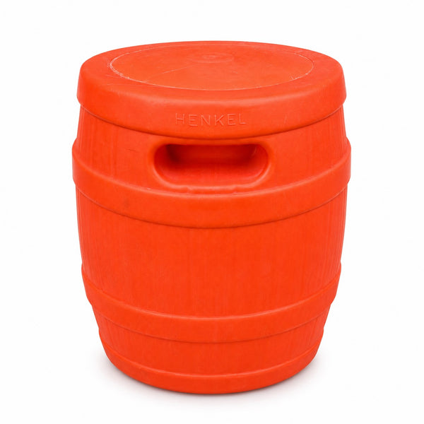 Baril de lessive vintage Henkel vide en plastique orange avec couvercle