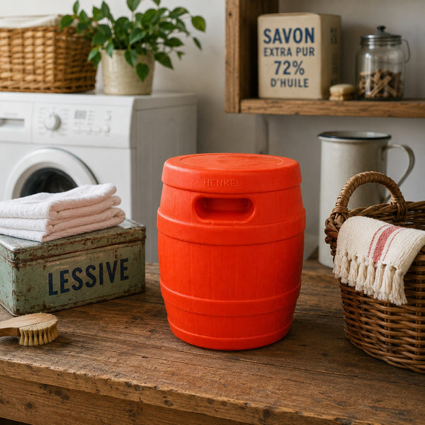 Baril de lessive vintage Henkel vide en plastique orange avec couvercle