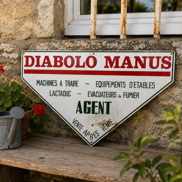 Ancienne plaque publicitaire DIABOLO MANUS en tôle lithographiée – Agent matériel agricole et équipements d’élevage