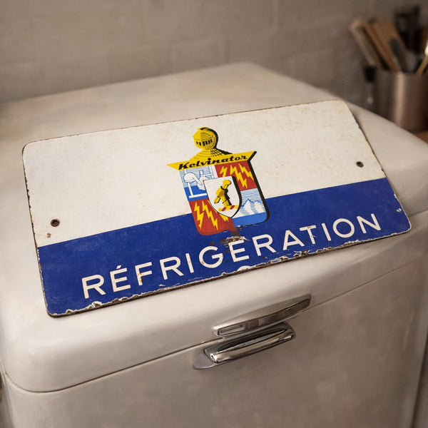 Ancienne plaque publicitaire en tôle émaillée double face « Réfrigération » Kelvinator