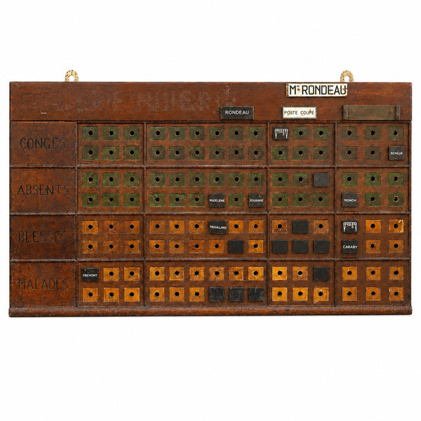 Tableau d’usine ancien de pointage et de présence du personnel – Congés, absents, blessés, malades