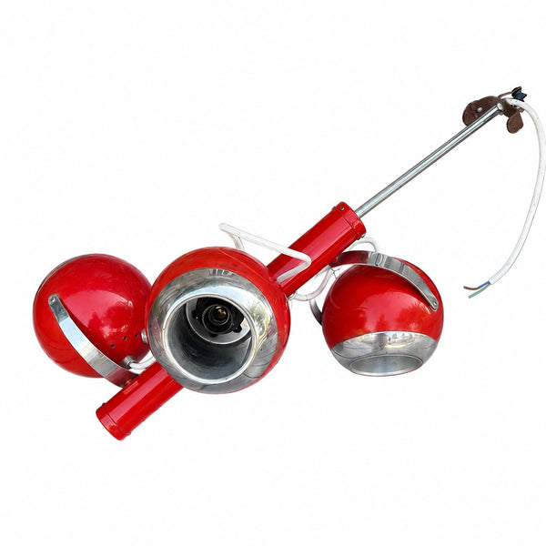 Lustre suspension Space Age Eye Ball vintage à 3 sphères rouges chromées – années 1970