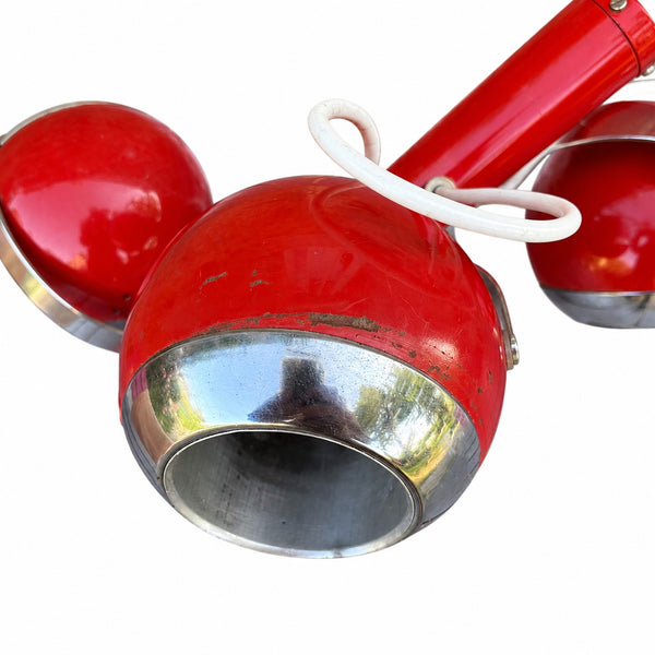 Lustre suspension Space Age Eye Ball vintage à 3 sphères rouges chromées – années 1970