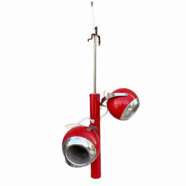 Lustre suspension Space Age Eye Ball vintage à 3 sphères rouges chromées – années 1970