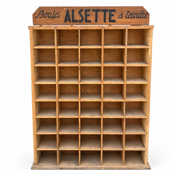 Présentoir de magasin ancien ALSETTE « Boules à teindre » – 40 casiers