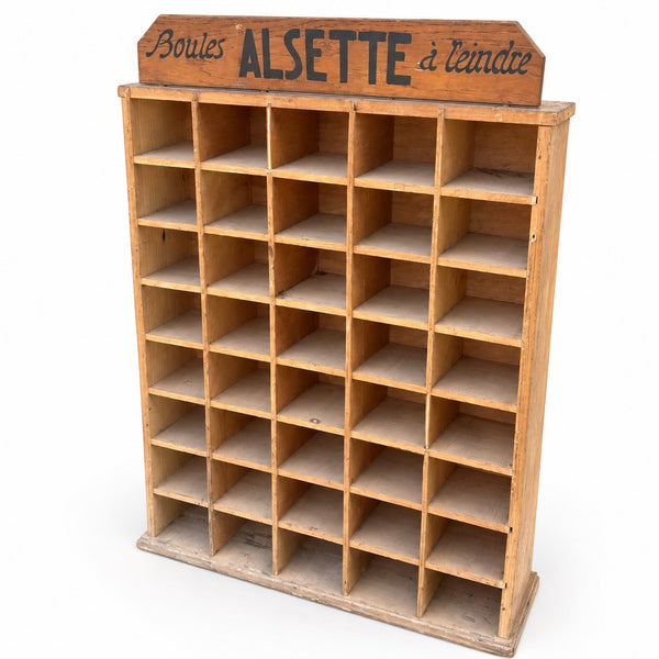 Présentoir de magasin ancien ALSETTE « Boules à teindre » – 40 casiers