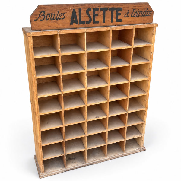 Présentoir de magasin ancien ALSETTE « Boules à teindre » – 40 casiers