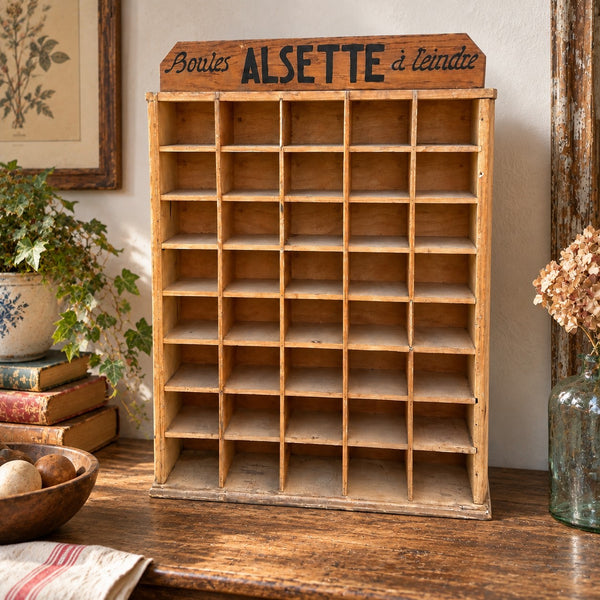 Présentoir de magasin ancien ALSETTE « Boules à teindre » – 40 casiers