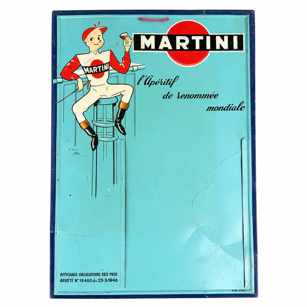 Plaque MARTINI vintage d’affichage des prix en tôle lithographiée – Jockey d’après Léon