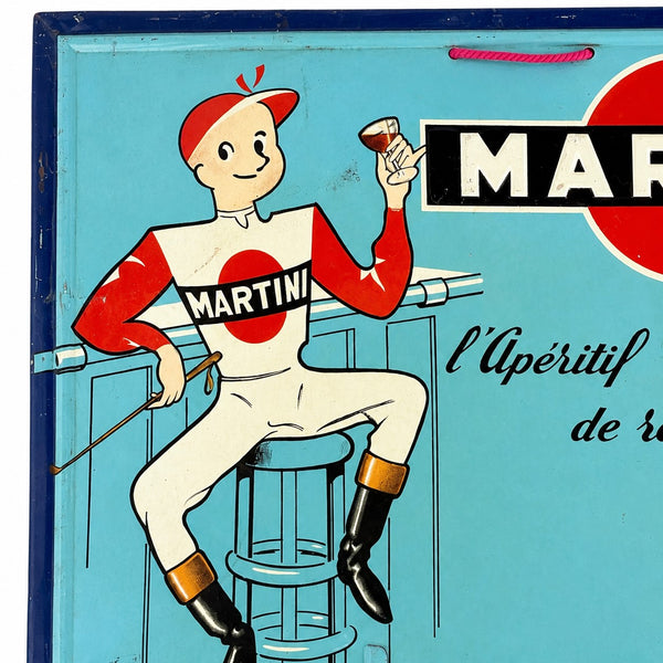 Plaque MARTINI vintage d’affichage des prix en tôle lithographiée – Jockey d’après Léon
