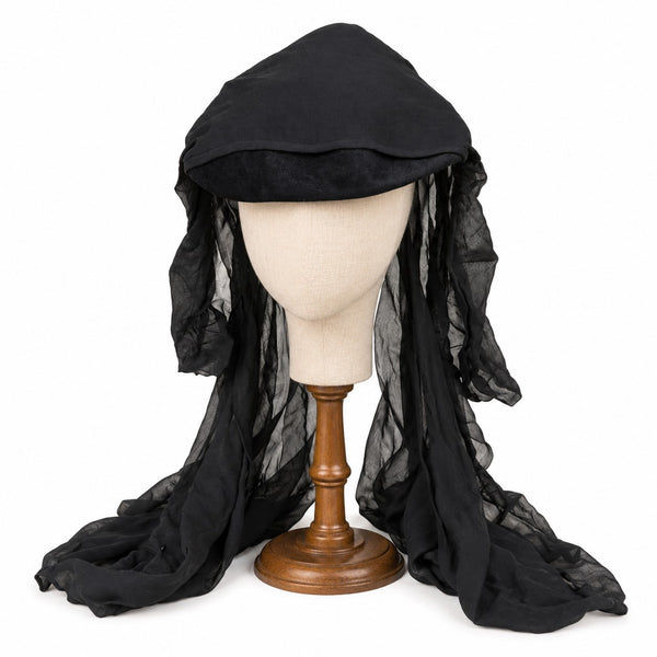 Chapeau de deuil ancien en laine noire avec voile en crêpe de soie