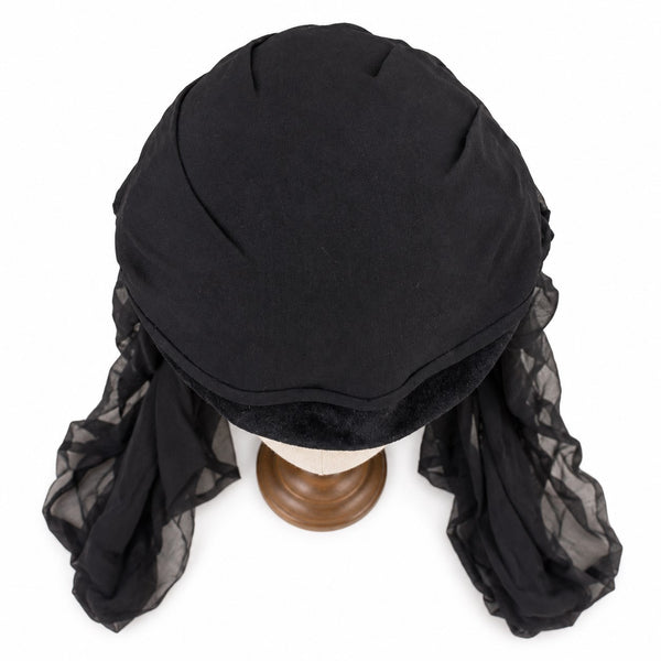 Chapeau de deuil ancien en laine noire avec voile en crêpe de soie