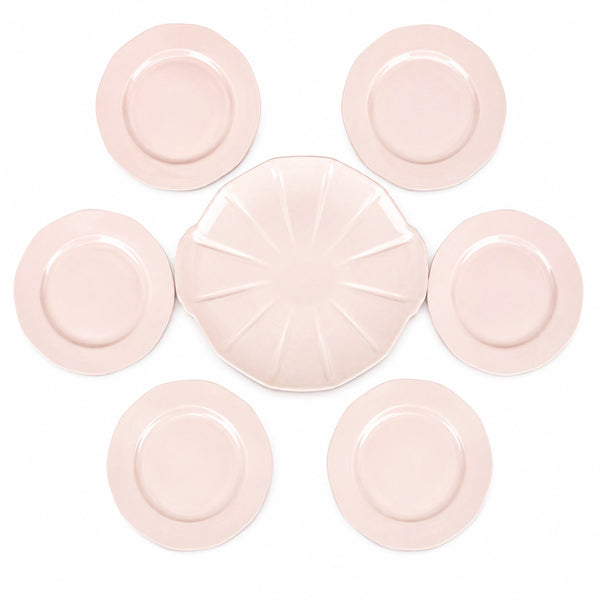 Service à dessert Digoin Sarreguemines en faïence rose poudré – Plat de présentation et 6 assiettes