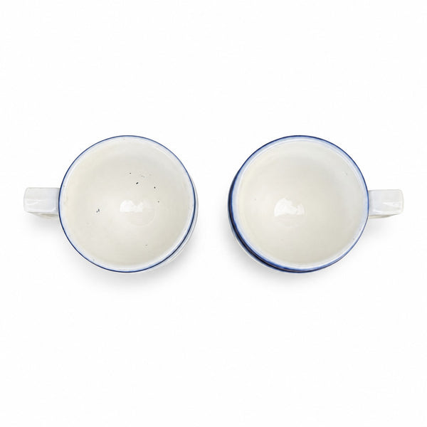 Paire de tasses brulot de bistrot anciennes en porcelaine épaisse à liseré bleu