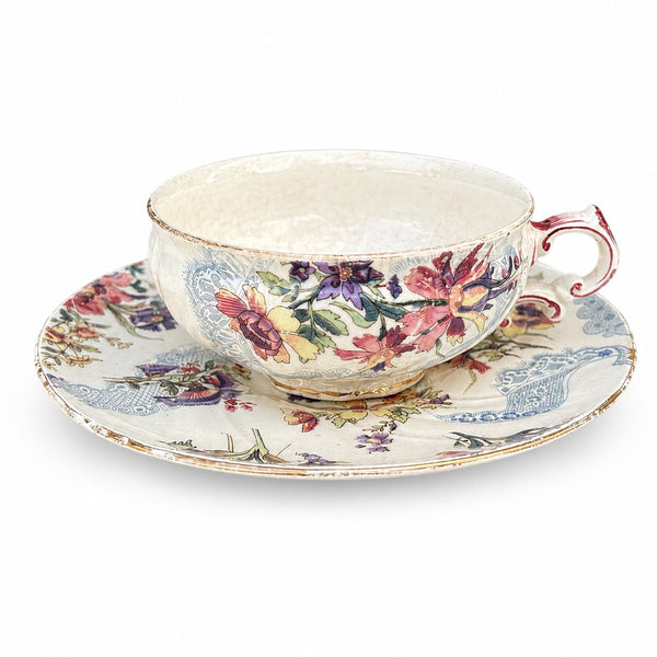 Ancienne tasse à thé et sa soucoupe en faïence U & C Sarreguemines – Modèle Lavallière