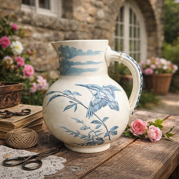 Broc de toilette ancien en faïence de Lunéville décor bleu – colibri et héron