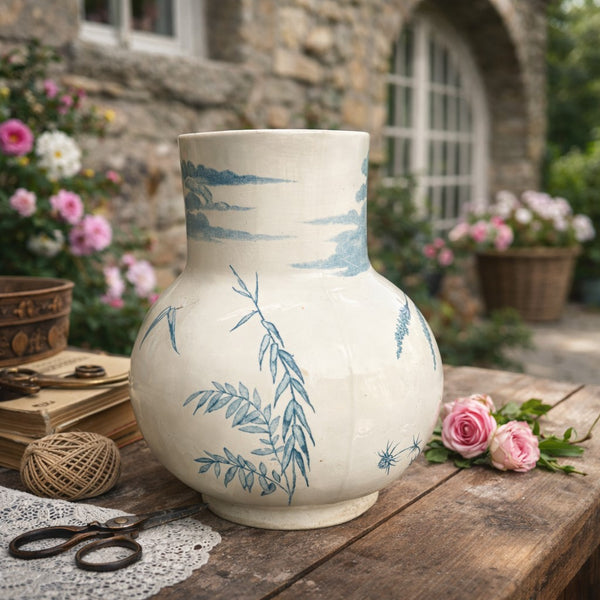 Broc de toilette ancien en faïence de Lunéville décor bleu – colibri et héron