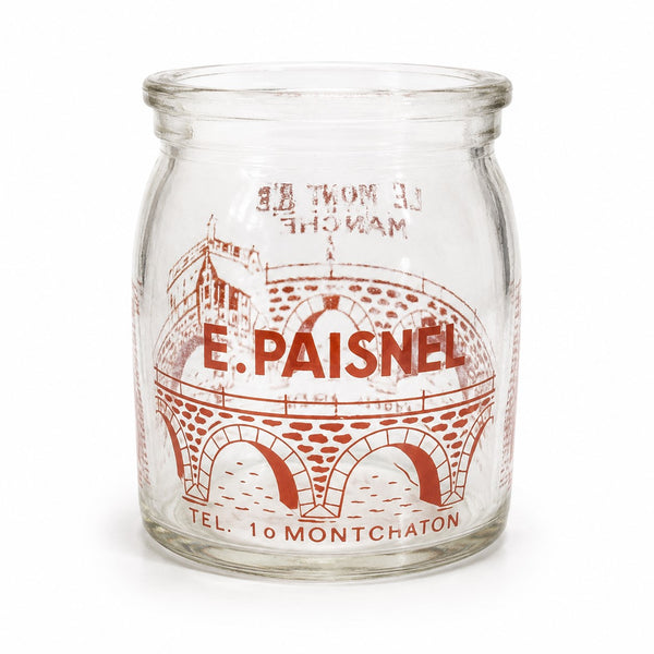 Pot à yaourt ancien Le Pont de la Roque Manche 14 cl – E. Paisnel – Verre sérigraphié