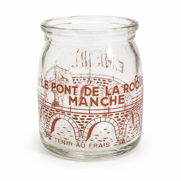 Pot à yaourt ancien Le Pont de la Roque Manche 14 cl – E. Paisnel – Verre sérigraphié