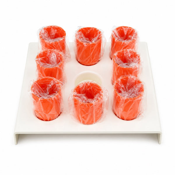 Plateau porte-gobelets vintage Jean-Pierre Vitrac en plastique crème avec 8 gobelets orange