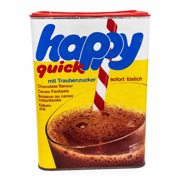 Boîte publicitaire vintage cacao instantané Happy Quick 800 g – Allemagne de l'Ouest – Années 1980