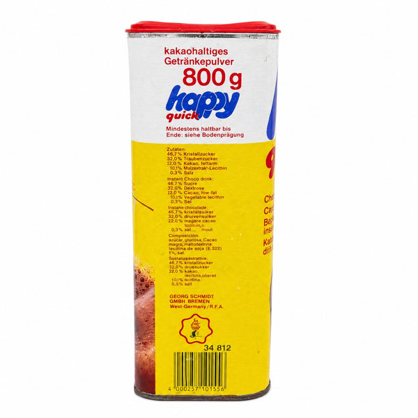 Boîte publicitaire vintage cacao instantané Happy Quick 800 g – Allemagne de l'Ouest – Années 1980