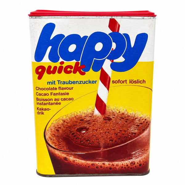 Boîte publicitaire vintage cacao instantané Happy Quick 800 g – Allemagne de l'Ouest – Années 1980