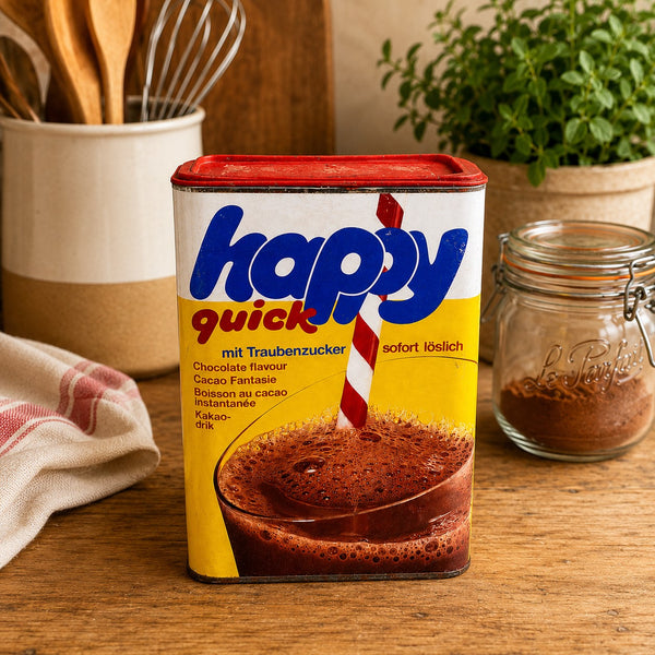 Boîte publicitaire vintage cacao instantané Happy Quick 800 g – Allemagne de l'Ouest – Années 1980