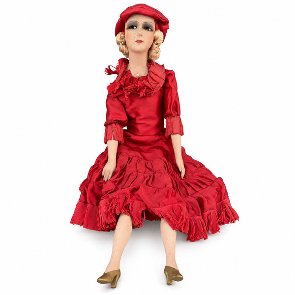 Poupée de boudoir ancienne des années 1920-1930, robe en satin de soie rouge