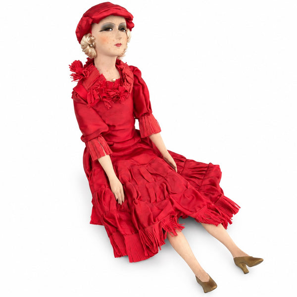 Poupée de boudoir ancienne des années 1920-1930, robe en satin de soie rouge