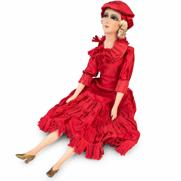 Poupée de boudoir ancienne des années 1920-1930, robe en satin de soie rouge