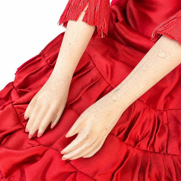 Poupée de boudoir ancienne des années 1920-1930, robe en satin de soie rouge