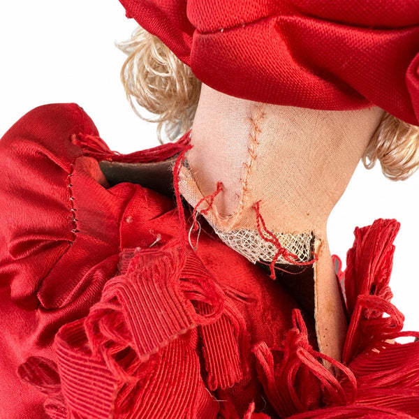 Poupée de boudoir ancienne des années 1920-1930, robe en satin de soie rouge