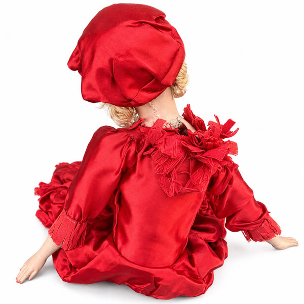 Poupée de boudoir ancienne des années 1920-1930, robe en satin de soie rouge