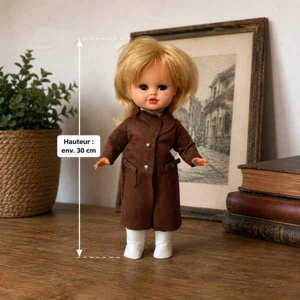 Poupée ancienne Muñecas Florido 30 cm vers 1969-1972 avec manteau marron