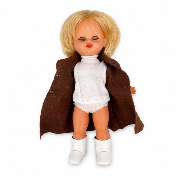 Poupée ancienne Muñecas Florido 30 cm vers 1969-1972 avec manteau marron