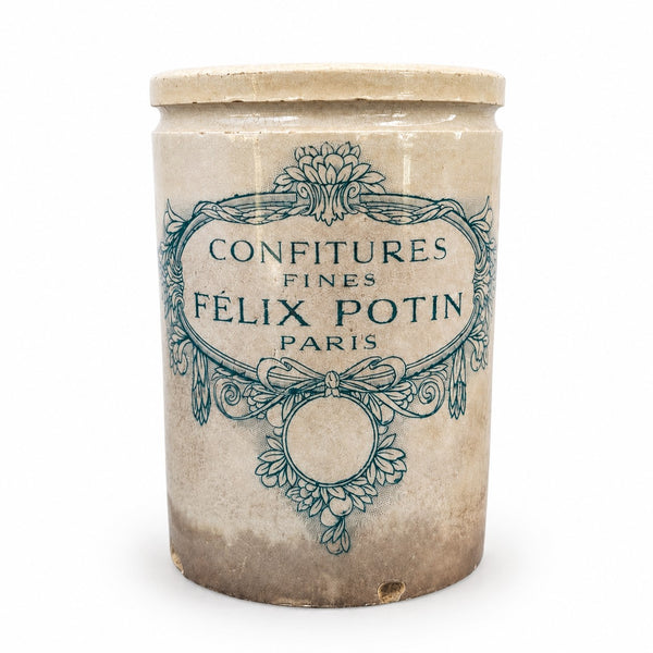 Pot ancien patiné en faïence « Confitures Fines Félix Potin Paris »